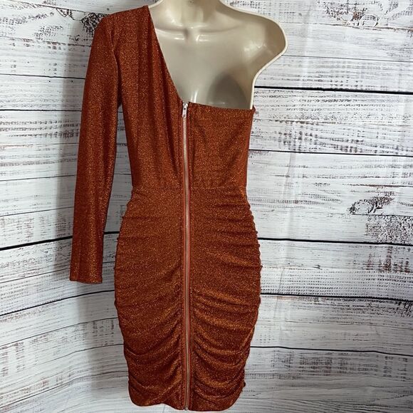 Abyss by abby Dress Womens Small one sleeve ruched back zipper Metallic Bodycon - Picture 9 of 14